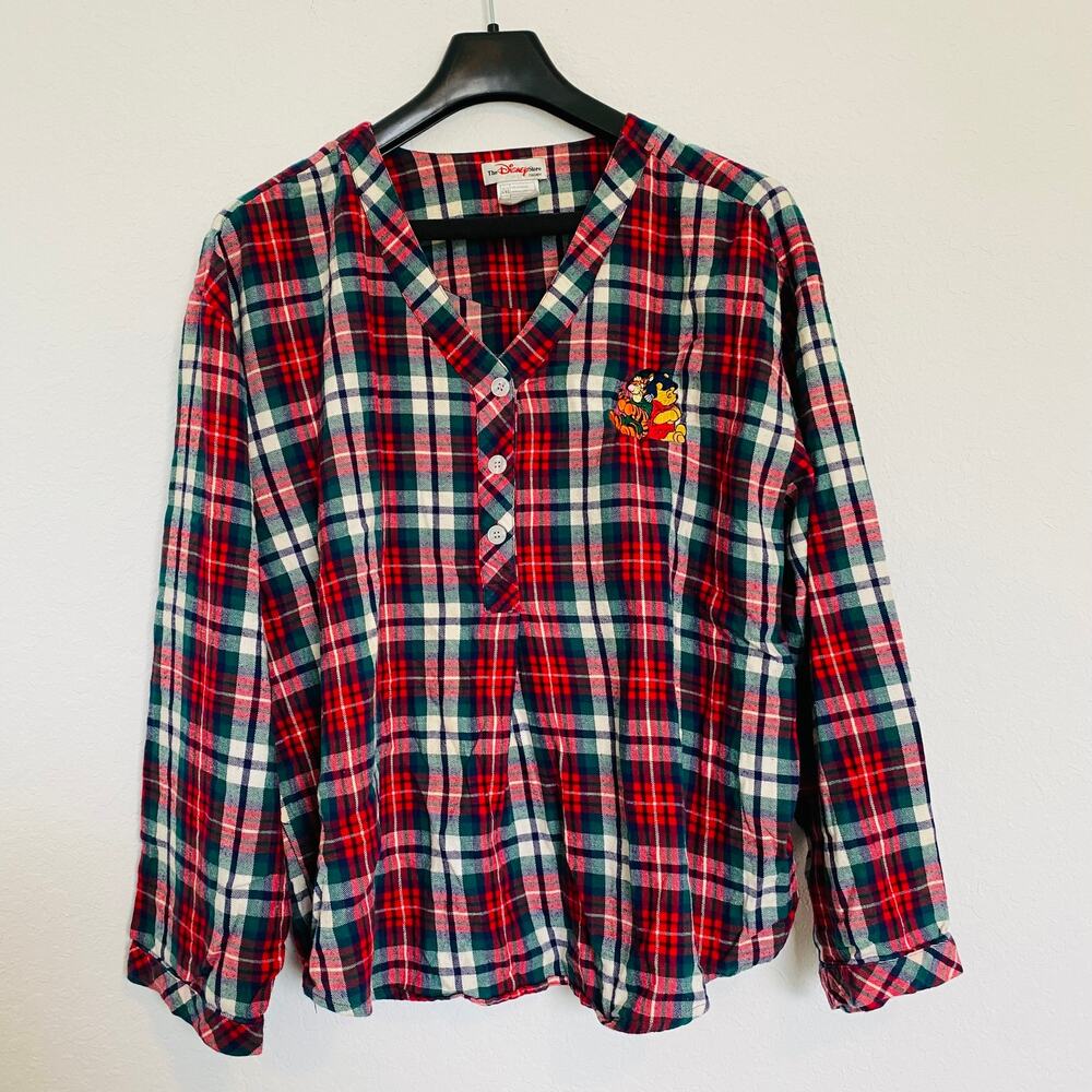 Vintage Disney Winnie the Pooh and Tiger Plaid Pajama Top Quarter Button L/XL - Picture 2 of 8